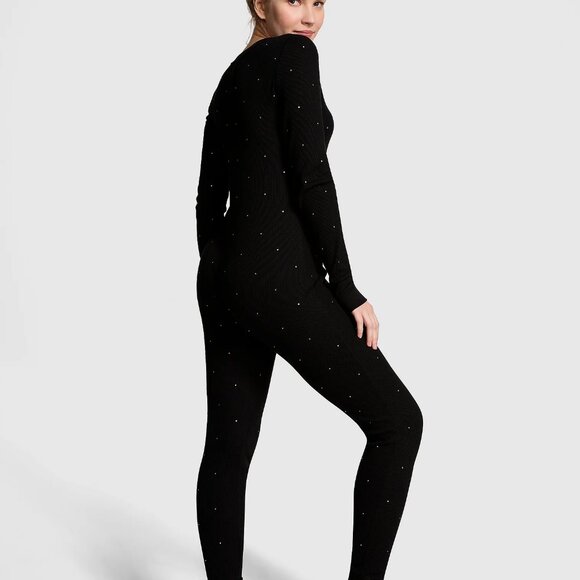 PINK Victoria's Secret Black Thermal Bling One Piece Pajama - Picture 3 of 4